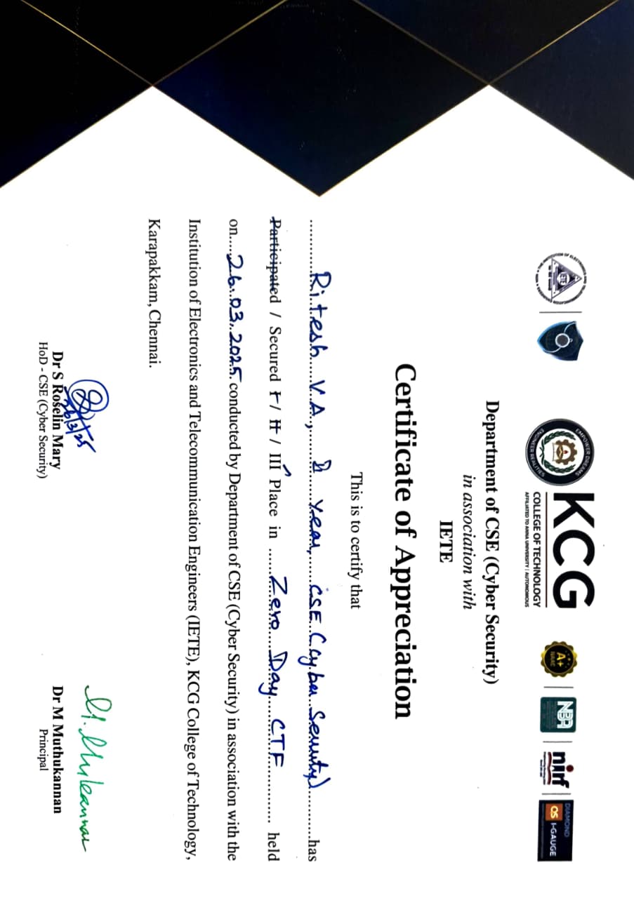 Zero Day CTF certificate